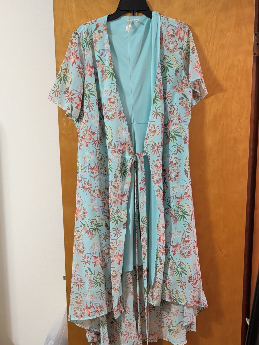 Tacera Light Blue Floral Tie-Front Duster Dress